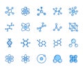 Molecule flat line icons set. Chemistry science, molecular structure, chemical laboratory dna cell protein vector