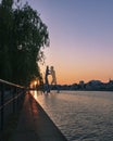 Molecule man over Spree river in Berlin at sunset Royalty Free Stock Photo