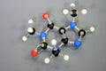 Molecule model of Caffein Coffein. White is Hydrogen, black is Carbon, red is Oxygen and blue is Nitrogen