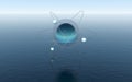 Molecule sphere over the calm ocean, fantastic scene, 3d rendering