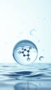 Molecule structure floats inside clear water bubble over calm blue liquid surface. Tiny air spheres drift on clean backdrop. Royalty Free Stock Photo