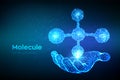 Molecule Structure. Low poly abstract Molecule in hand. Dna, atom, neurons. Molecules and chemical formulas. Scientific background Royalty Free Stock Photo