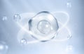 Molecules inside bubbles on blue background. Water serum bubble. Cosmetic essence. Concept skin care cosmetics solution Royalty Free Stock Photo