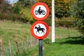 Molenbeek, Brussels Capital Region, Belgium - Warning sign - motorbikes and horses prohibited on a walking trail