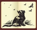 Moleskin drawing of a cat and flying birds Royalty Free Stock Photo