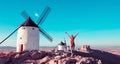 Consuegra Windmills and happy woman arms raised admiring panoramic view- Spain Royalty Free Stock Photo