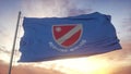 Molise flag, Italy, waving in the wind, sky and sun background