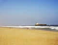 mollendo arequipa peru beach with boat with oil moored blue sky in pacific ocean