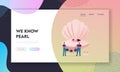 Mollusc Cultivation Business Landing Page Template. Pearl Farm Workers Characters Holding Net with Oysters