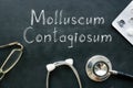 Molluscum contagiosum is shown on the medical photo using the text