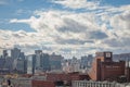 Molson Brewery in the industrial port of Montreal, Quebec, with the skyline and center business district