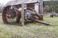 Old rusty wheel, wooden cart Royalty Free Stock Photo