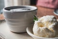 Molten chocolate lava cake and scopp of white ice cream served on a white plate Royalty Free Stock Photo