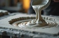 Molten clay poured into plaster mold. Casting liquid flows in spiral shape. Handcrafting creative process. Craftsperson works on Royalty Free Stock Photo