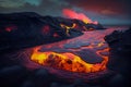 Molten fiery lava flowing on a beach into the ocean, Generative AI