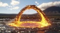 Molten Gold Cascade: A Digital Rendering of Liquid Fire Forming an Arch Over a Still Pool Royalty Free Stock Photo