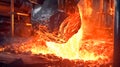 Molten hot steel is pouring - Industrial metallurgy. Metallurgical factory, foundry cast, heavy industry background. Royalty Free Stock Photo