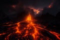 Molten lava erupts from the volcano, transforming the fiery landscape