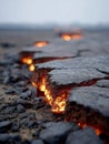 Molten lava flowing through cracked ground in a volcanic landscape. Royalty Free Stock Photo