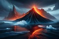 Molten lava flowing from mountains into Ocean with steams of smoke coming from hot lava Royalty Free Stock Photo