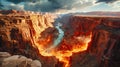 Molten lava flows through a canyon, creating a fiery river