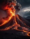 Molten magma flows fiercely down the slopes of an active volcano, as thick clouds of ash rise dramatically into the Royalty Free Stock Photo