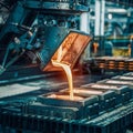 Molten metal being cast into ingots in a foundry Royalty Free Stock Photo