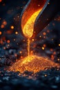 Molten metal flowing from a forge at a workshop during an evening, showcasing the intricate process of metalworking and Royalty Free Stock Photo