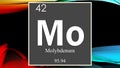 Molybdenum chemical element symbol on dark colored abstract background