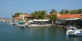 Molyvos Harbour with fishing boats and Restaurants