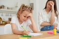 Mom is angry because her daughter dont want to do homework. Parents teaching kids at home, home school education, Mother Royalty Free Stock Photo