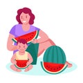 Mom and baby boy eat a watermelon at a summer picnic. The concept of family vacation, pastime. Vector illustration in flat cartoon Royalty Free Stock Photo