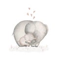 Mom and baby elephant. Children`s illustration on a white background. option poster for the nursery, postcard.