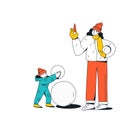 Mom and baby in a funny jumpsuit make a snowman. concept of winter outdoor games. Vector illustration in cartoon style