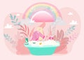 Mom and baby girl bathing, mother bathes and plays with daughter flat vector illustration in magic style, rainbow and