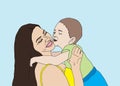 Mom and baby.Mothers Day, March 8. Mother hold son.Child kisses mother. Hand draw vector illustration