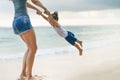 Mom and baby playing near beach. Traveling with family, child Royalty Free Stock Photo