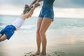 Mom and baby playing near beach. Traveling with family, child Royalty Free Stock Photo