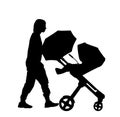 Mom and baby in pram walking vector silhouette illustration isolated on white. Happy family enjoy outdoor. Mother love child. Royalty Free Stock Photo