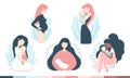 Mom and baby set. Women in various poses with babies, pregnancy. Cute heartwarming characters in cartoon hand-drawn style.