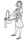 Mom and baby wash their hands character in black and white
