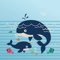 Mom and baby whale cute cartoon vector illustration Royalty Free Stock Photo