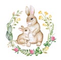 Gray rabbits, hares, easter bunnies isolated on white background. Field herbs. Three. Watercolor