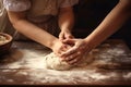 Mom Baking Together With Her Little Daughter In Kitchen. Cute Little Girl Helping Mom To Prepare Dough, Family Having