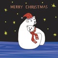 A Mom bear and baby in red Christmas costumes look at the stars Royalty Free Stock Photo