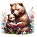 Mom Bearis reading a storybook to her kid, Watercolor clipart, Mother\'s Day. Mom gift.