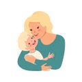 Mom with blond hair hugs her son. Happy mother day. Children Protection Day. Woman takes care of boy. Happy people with Royalty Free Stock Photo