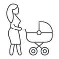 Mom with carriage thin line icon, care and child, woman with pram sign, vector graphics, a linear pattern on a white