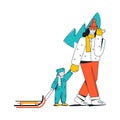 Mom carries a Christmas tree and leads a child with a sled by the hand. Concept of preparation for christmas, motherhood