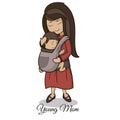 mom carrying a child using a handy device baby carrier, baby wearing and attachment parenting concept Royalty Free Stock Photo